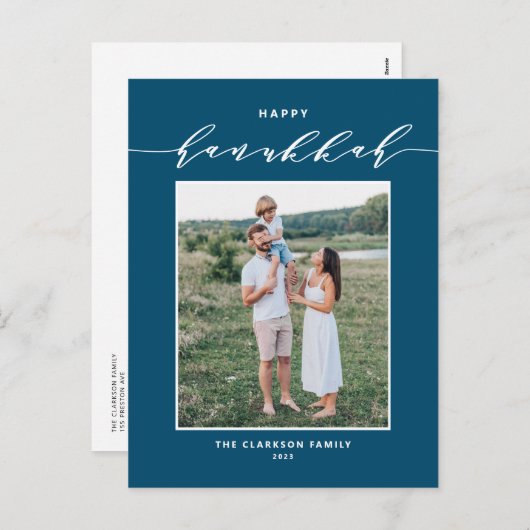 Modern Script Blue Happy Hanukkah Foto Feestdagenkaart (Voorkant / Achterkant)