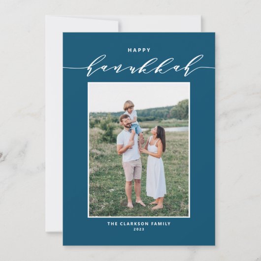 Modern Script Blue Happy Hanukkah Foto Feestdagenkaart (Voorkant)