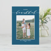 Modern Script Blue Happy Hanukkah Foto Feestdagenkaart (Staand voorkant)