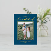 Modern Script Blue Happy Hanukkah Foto Folie Feestdagen Briefkaart (Staand Voorkant)