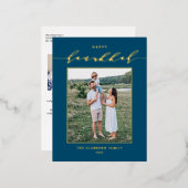 Modern Script Blue Happy Hanukkah Foto Folie Feestdagen Briefkaart (Voorkant / Achterkant)