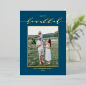 Modern Script Blue Happy Hanukkah Foto Folie Feestdagenkaart (Staand Voorkant)