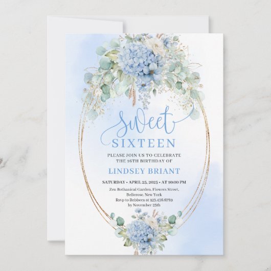 Modern Script Blue Hydrangeas Sweet Sixteen Invite Kaart (Voorkant)