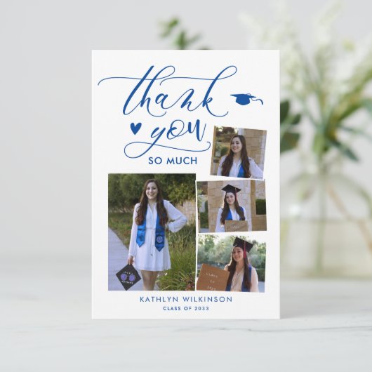 Modern Script Blue Photo Afstuderen - Hartelijk da Kaart (Staand voorkant)