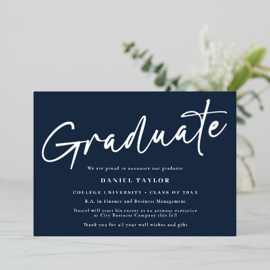 Modern Script Blue Silver Afstuderen Aankondiging (Staand Voorkant)