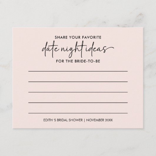 Modern Script Blush Date Night Ideas vrijgezellenf Advieskaart (Voorkant)