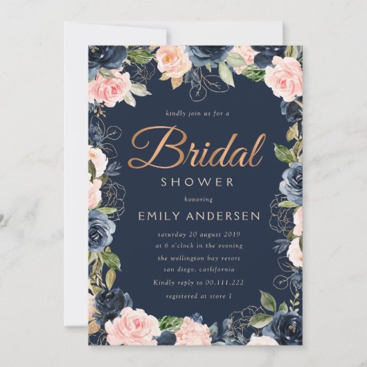 Modern script blush & navy vrijgezellenfeest kaart (Voorkant)