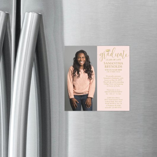 Modern Script Blush Pink & Gold 1 Foto Afstuderen Magnetische Uitnodiging