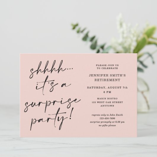 Modern Script Blush Pink Surprise Retirement Party Kaart (Staand voorkant)