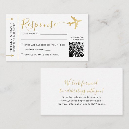 Modern script boarding Pass Ticket Mini QR RSVP Informatiekaartje (Voorkant / Achterkant)