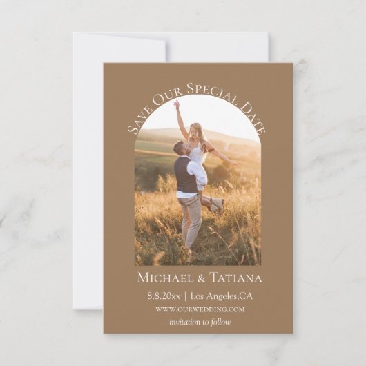 Modern script boho boog foto bruin terracotta save the date (Voorkant)