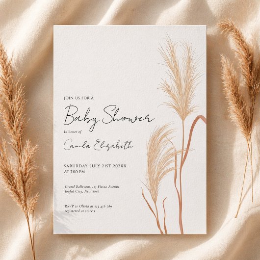 Modern Script Boho Pampas Grass Baby Shower Kaart
