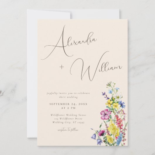 Modern Script Boho Wildflower Bruiloft Kaart (Voorkant)
