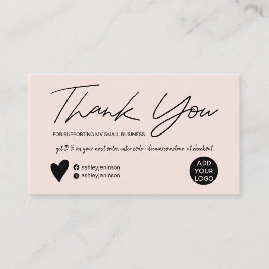 Modern script borstel blos roze orde dank u visitekaartje (Voorkant)