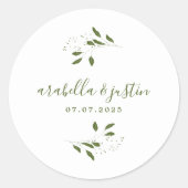 Modern Script Botanisch groen bruiloft Ronde Sticker (Voorkant)