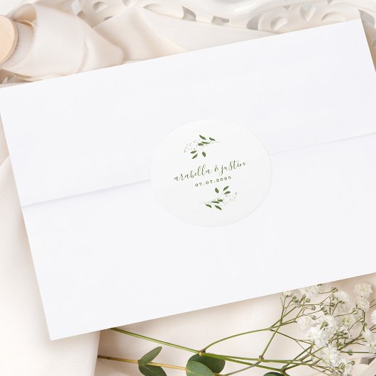 Modern Script Botanisch groen bruiloft Ronde Sticker
