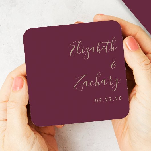 Modern Script Bourgogne Gouden Bruiloft Kartonnen Onderzetters