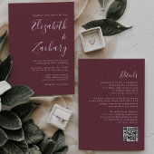 Modern Script Bourgogne QR Code Wedding Kaart