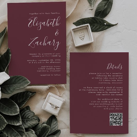 Modern Script Bourgogne QR Code Wedding Kaart