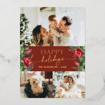 Modern Script Bourgondië rood botanisch 3 foto gou Folie Feestdagenkaart<br><div class="desc">Dit collectie is voorzien van waterverf rode bloemen,  bessen & wintergroen met een moderne en elegante typografie,  met een winterbotanische patroonrug.</div>