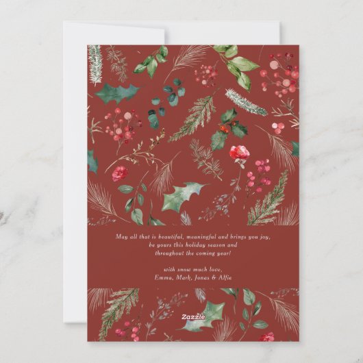 Modern Script Bourgondië rood winter gebladerte fo Feestdagenkaart (Achterkant)