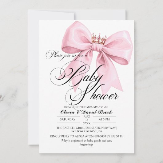 Modern Script Bow Pink Baby Shower Kaart (Voorkant)