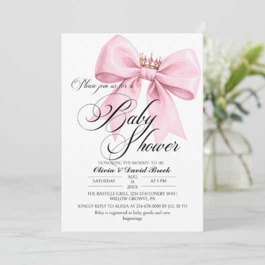 Modern Script Bow Pink Baby Shower Kaart (Staand voorkant)