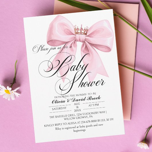 Modern Script Bow Pink Baby Shower Kaart