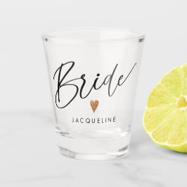 Modern Script Bride Roos Gold Heart Script met naa Shot Glas