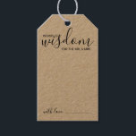 Modern Script Bruiloft Advies en Wensen Cadeau Lab Cadeaulabel<br><div class="desc">Voeg een persoonlijk tintje toe aan uw bruiloft met een modern script bruiloft advies en wenst label kaart. Deze advieskaart heeft de titel 'woorden van wijsheid' met details in zwart schrift en sans serif letterstijl op kraftpapier. Perfect voor bruiloft,  baby shower,  verjaardagsfeestje,  vrijgezellenfeest,  vrijgezellenfeest en alle speciale gelegenheden.</div>