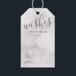 Modern Script bruiloft advies en wensen marmer Cadeaulabel<br><div class="desc">Voeg een persoonlijk tintje toe aan uw bruiloft met een modern script bruiloft advies en wenst label kaart. Deze advieskaart heeft de titel 'Wishes' in grijze moderne scriptlettertypestijl en details in moderne sans serif lettertypestijl op witte marmeren achtergrond. Perfect voor bruiloft, baby shower, verjaardagsfeestje, vrijgezellenfeest, vrijgezellenfeest en alle speciale gelegenheden....</div>