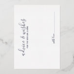 Modern Script Bruiloft Advies en Wensen Zilver Folie Uitnodiging<br><div class="desc">Voeg een persoonlijk tintje toe aan uw bruiloft met een modern huwelijksadvies en wenskaart. Deze advieskaart heeft een titel in zilveren folie moderne kalligrafie lettertype stijl en details in zilveren folie modern sans serif lettertype stijl op witte achtergrond. Perfect voor bruiloft, baby shower, verjaardagsfeestje, vrijgezellenfeest, vrijgezellenfeest en alle speciale gelegenheden....</div>