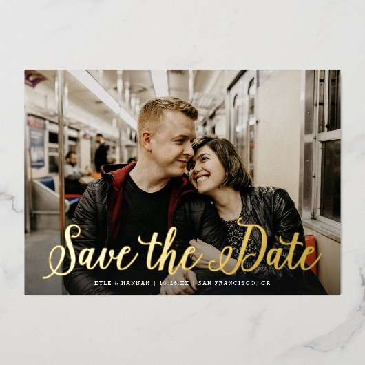 Modern Script bruiloft Folie Save the Date Kaart (Voorkant)