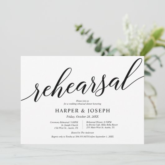 Modern script, bruiloft-repetitie en avondeten kaart (Staand voorkant)