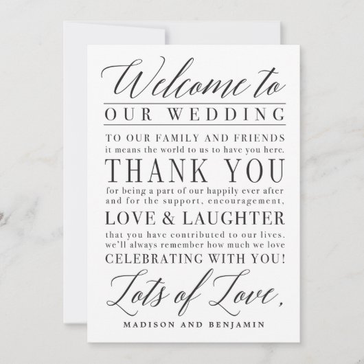 Modern script bruiloft welkom dank u brief bedankkaart (Voorkant)