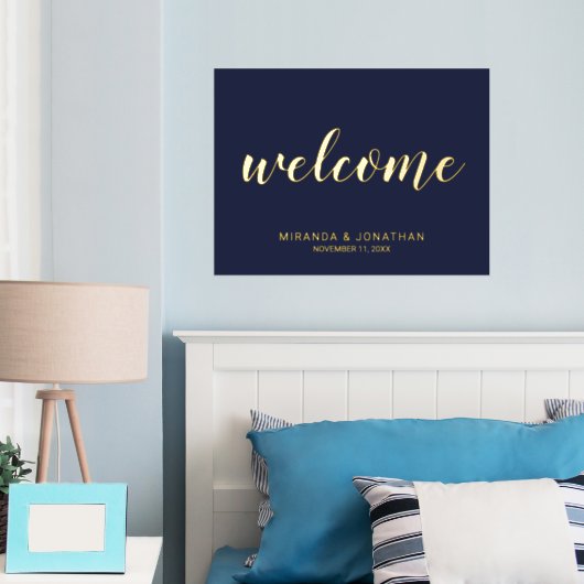 Modern Script Bruiloft Welkom Marine en Goud Folie Afdrukken (Insitu (Slaapkamer))