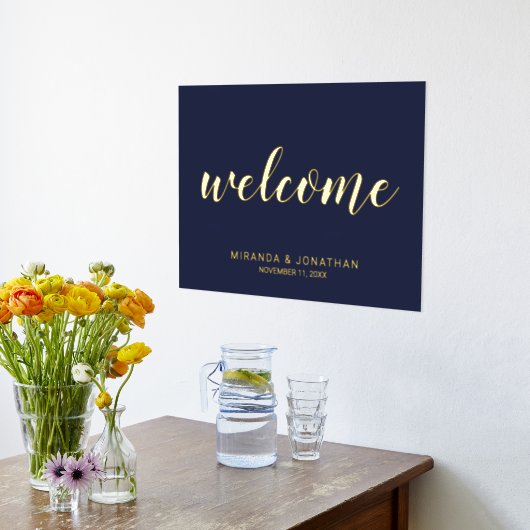 Modern Script Bruiloft Welkom Marine en Goud Folie Afdrukken (Laag (Keuken))