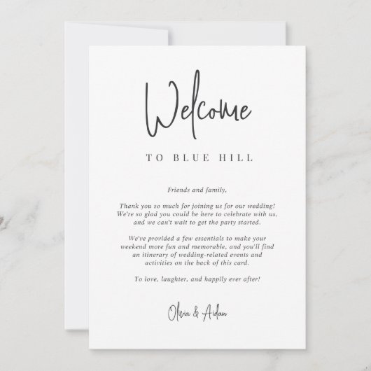 Modern script bruiloft Welkomstbrief & reisroute (Voorkant)