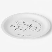 Modern Script Bruiloft: Ze Knoopt de Kousen Papieren Bordje (Gekanteld)