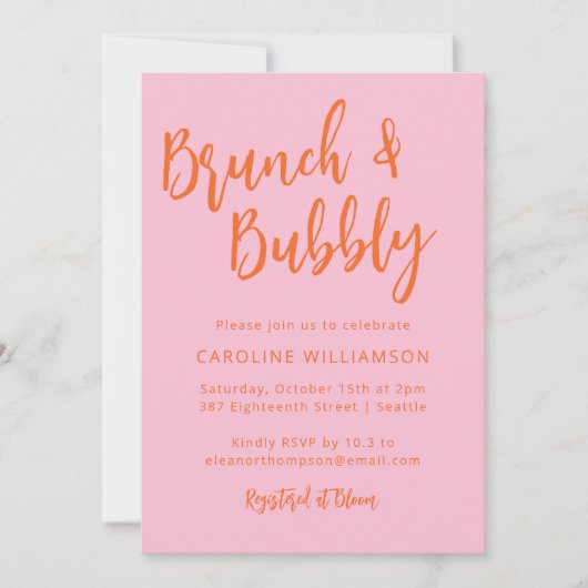Modern Script Brunch Bubely Shower Pink Oranje Kaart (Voorkant)