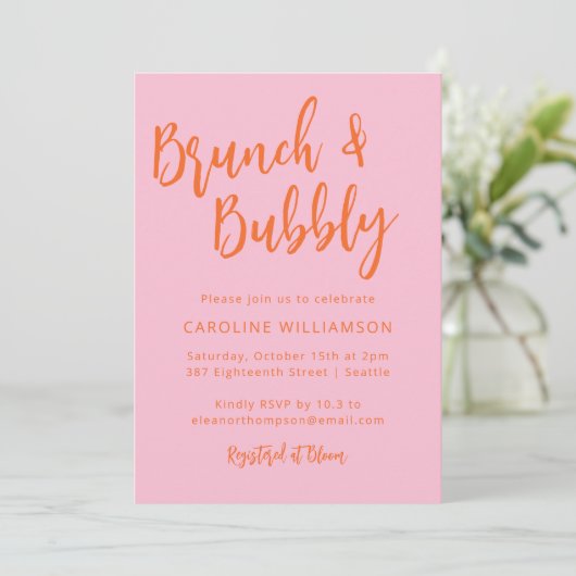 Modern Script Brunch Bubely Shower Pink Oranje Kaart (Staand voorkant)