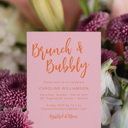 Modern Script Brunch Bubely Shower Pink Oranje Kaart