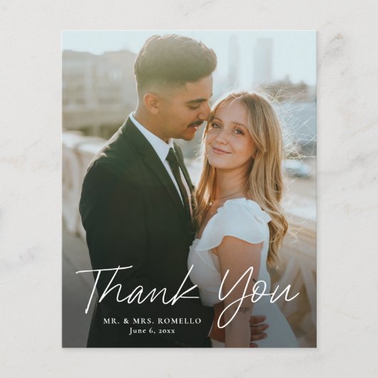Modern Script Budget Foto Bruiloft Dank u Kaart (Voorkant)