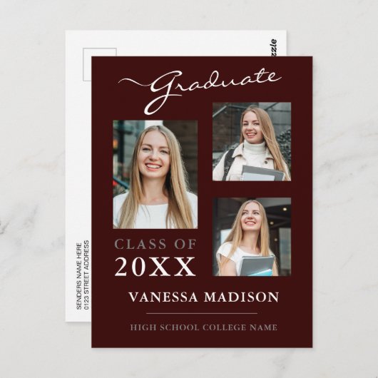 Modern Script Burgundy Afstuderen aankondiging Briefkaart (Voorkant / Achterkant)