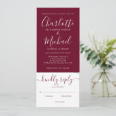 Modern Script Burgundy all in one Photo Wedding Kaart (Staand voorkant)