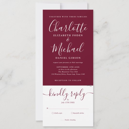 Modern Script Burgundy all in one Photo Wedding Kaart (Voorkant)