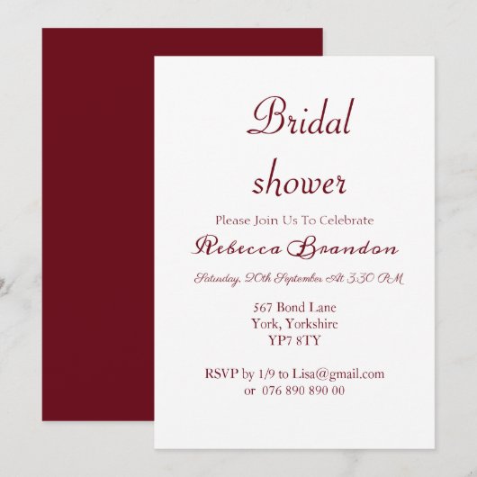 Modern Script Burgundy Bridal Shower Kaart (Voorkant / Achterkant)