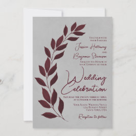 Modern Script Burgundy Leaves on Gray Wedding Kaart