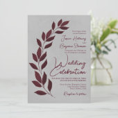 Modern Script Burgundy Leaves on Gray Wedding Kaart (Staand voorkant)