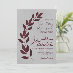 Modern Script Burgundy Leaves on Gray Wedding Kaart